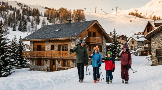 Une famille avec des skis sur les épaules marche vers un chalet en pierre et bois au pied des pistes enneigées des Hautes-Alpes.