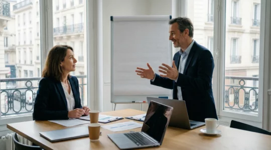 Élus CSE discutant d'un plan de sauvegarde de l'emploi en salle de réunion